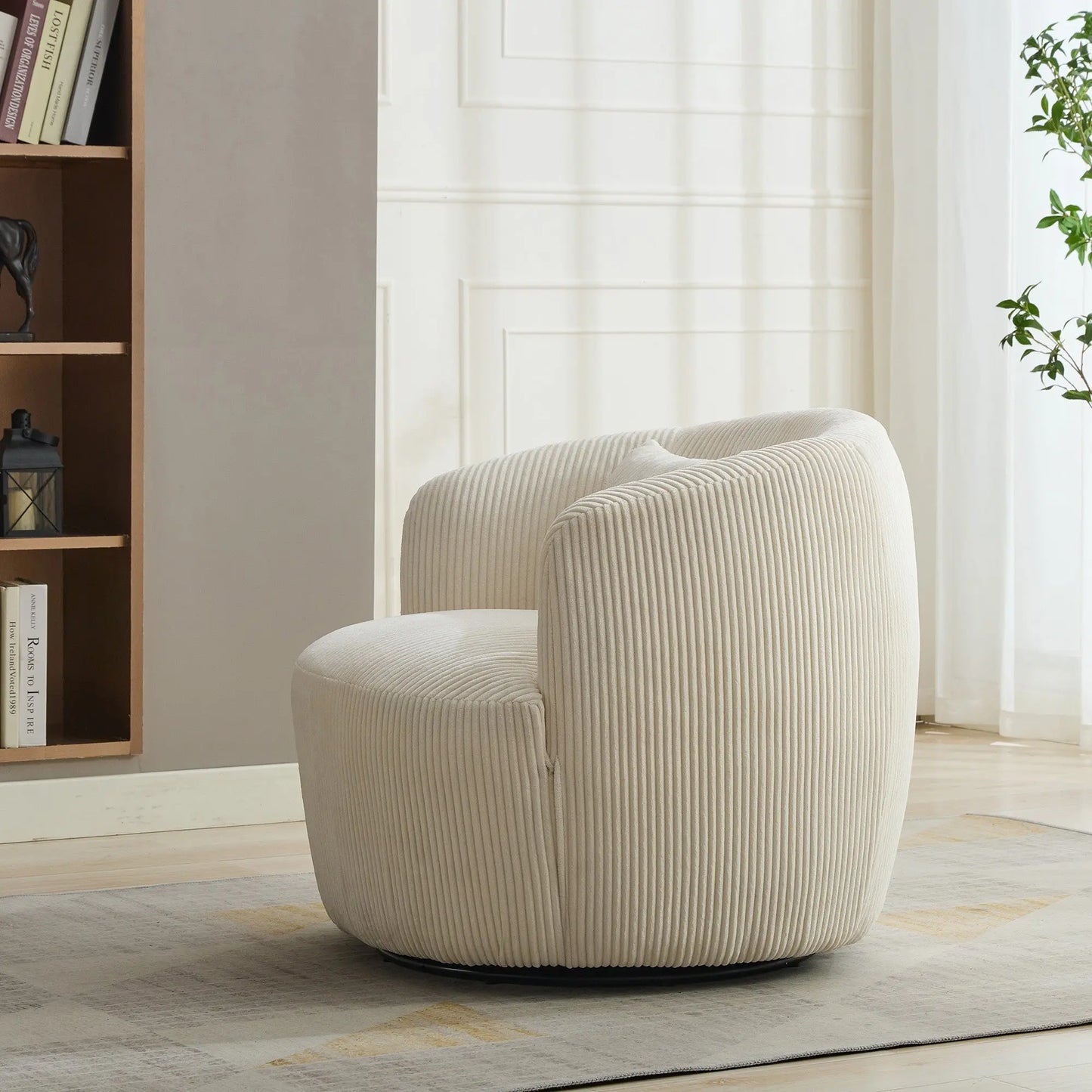 34.25 "Wide Upholstered Corduroy Metal Base 360° Swivel Barrel Soft Chair with Pillow, for Club, Living Room, Bedroom, Office as well as Reading Armchair, Ivory. qbmgp8-fy