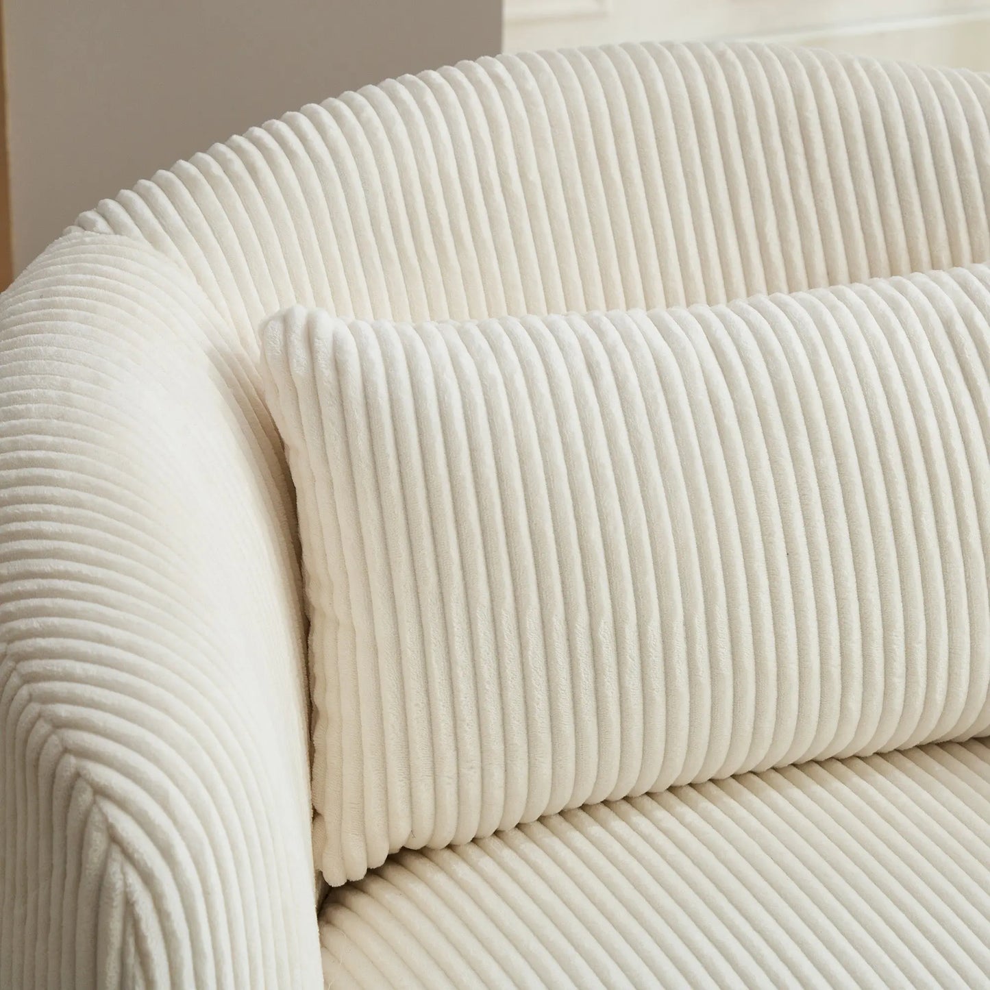 34.25 "Wide Upholstered Corduroy Metal Base 360° Swivel Barrel Soft Chair with Pillow, for Club, Living Room, Bedroom, Office as well as Reading Armchair, Ivory. qbmgp8-fy