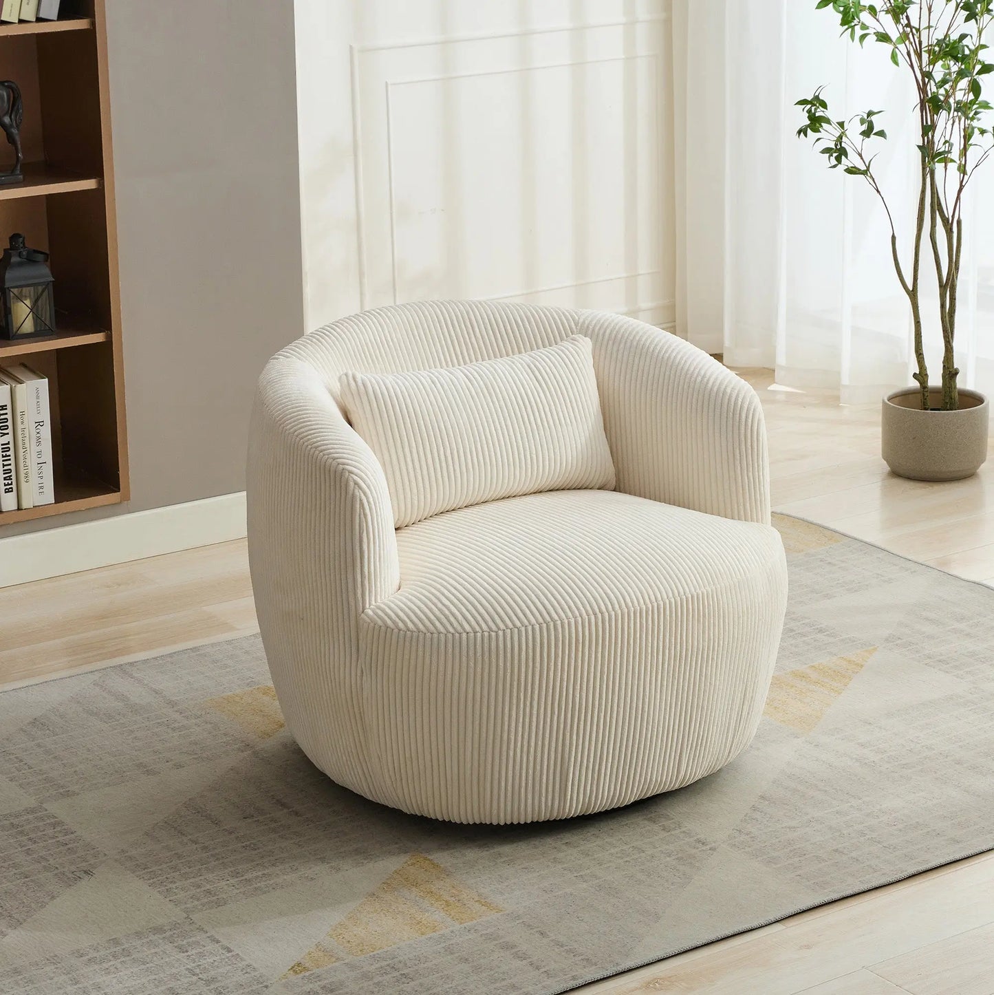 34.25 "Wide Upholstered Corduroy Metal Base 360° Swivel Barrel Soft Chair with Pillow, for Club, Living Room, Bedroom, Office as well as Reading Armchair, Ivory. qbmgp8-fy