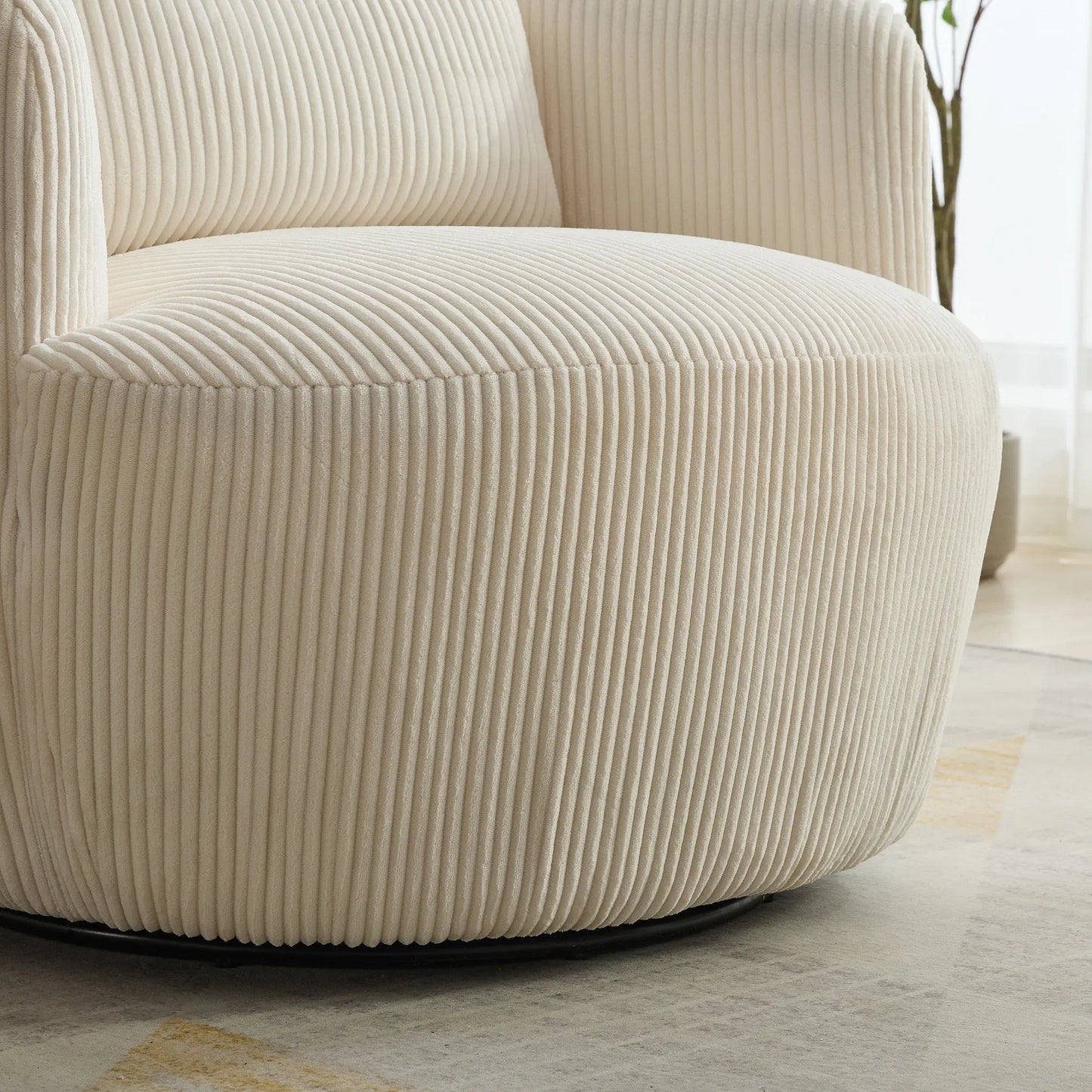 34.25 "Wide Upholstered Corduroy Metal Base 360° Swivel Barrel Soft Chair with Pillow, for Club, Living Room, Bedroom, Office as well as Reading Armchair, Ivory. qbmgp8-fy