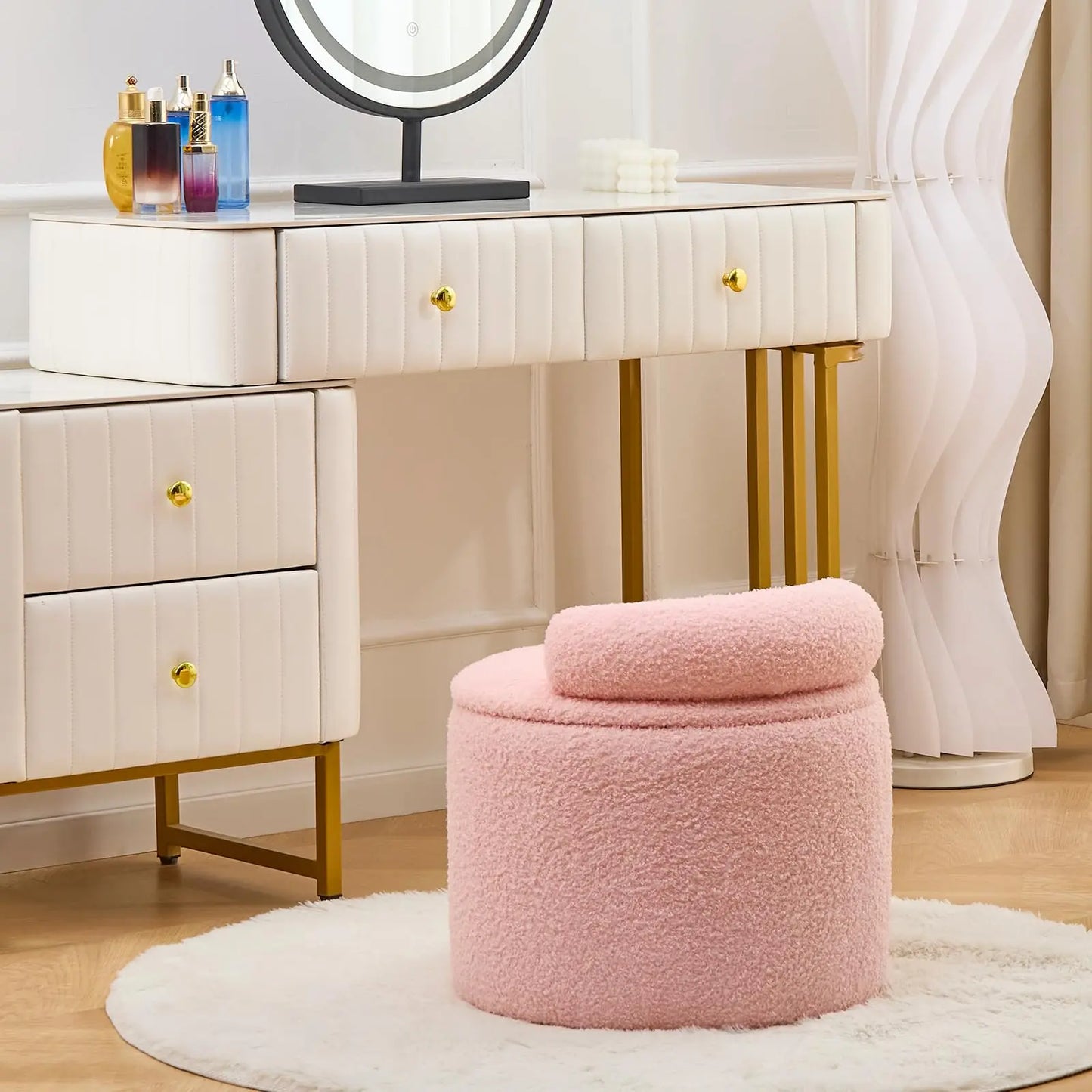 Modern Storage Ottoman – Round Teddy Velvet Upholstered Stool with Low Back, Plush Footrest for Bedroom, Living Room, and Lounge(Pink) qbmgp8-fy