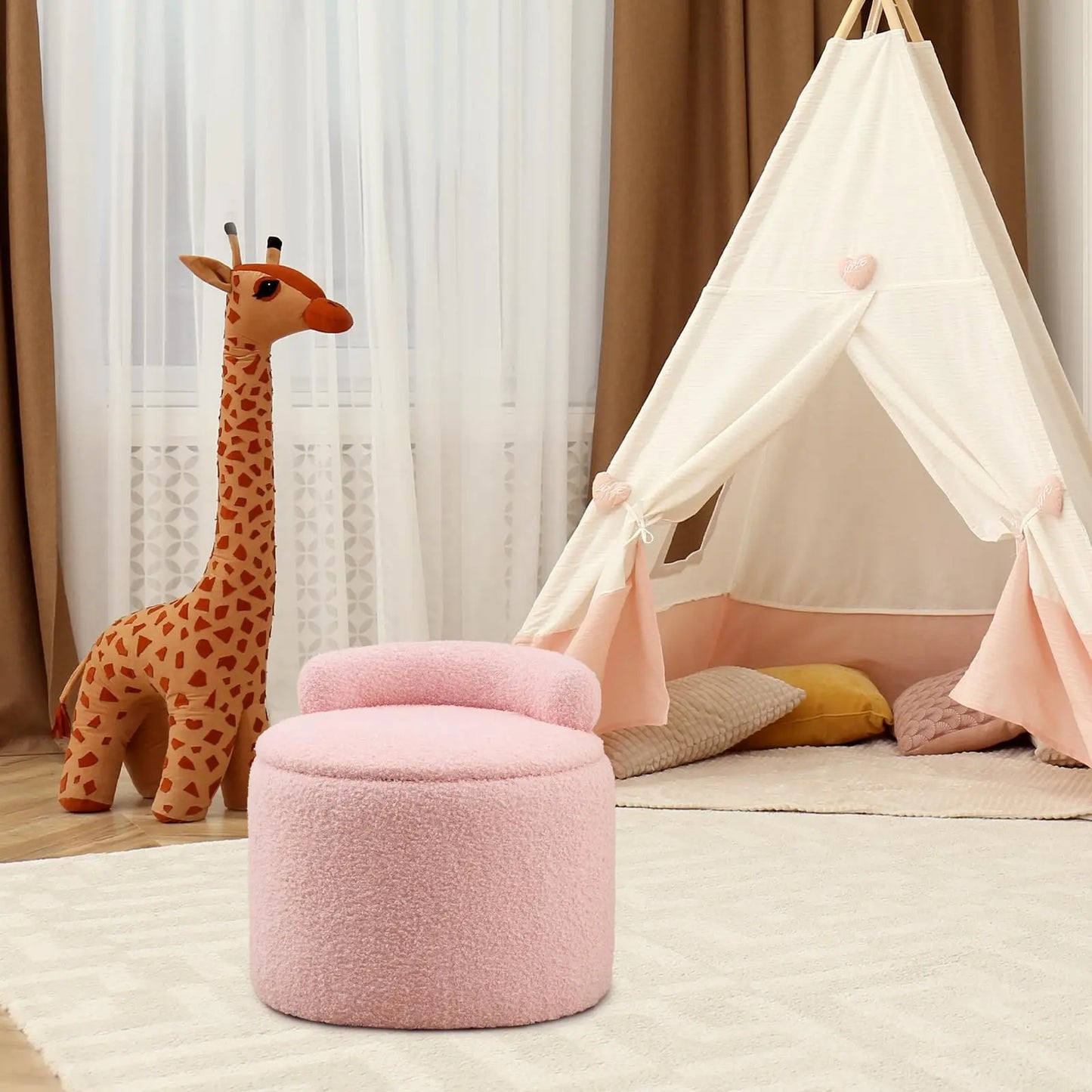 Modern Storage Ottoman – Round Teddy Velvet Upholstered Stool with Low Back, Plush Footrest for Bedroom, Living Room, and Lounge(Pink) qbmgp8-fy
