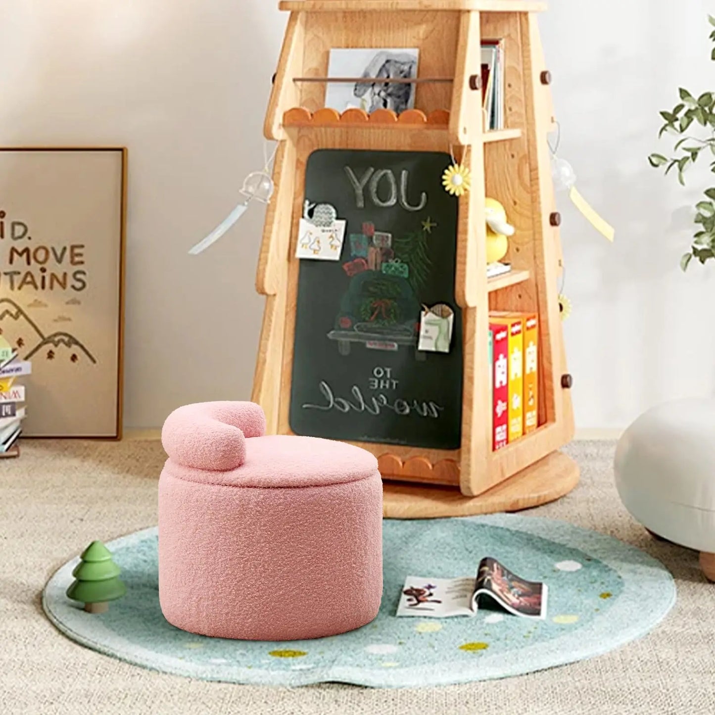 Modern Storage Ottoman – Round Teddy Velvet Upholstered Stool with Low Back, Plush Footrest for Bedroom, Living Room, and Lounge(Pink) qbmgp8-fy