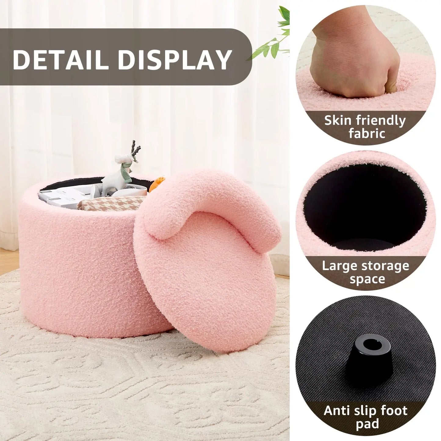 Modern Storage Ottoman – Round Teddy Velvet Upholstered Stool with Low Back, Plush Footrest for Bedroom, Living Room, and Lounge(Pink) qbmgp8-fy