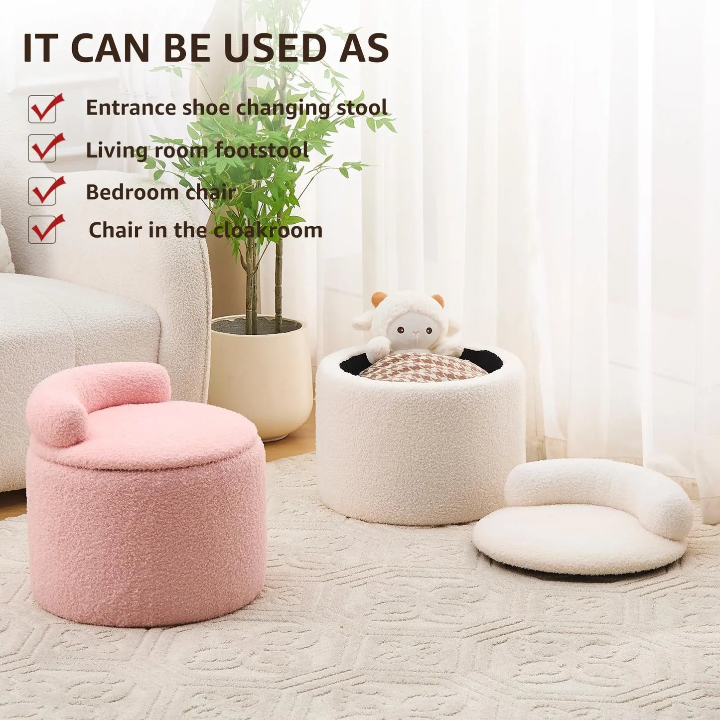 Modern Storage Ottoman – Round Teddy Velvet Upholstered Stool with Low Back, Plush Footrest for Bedroom, Living Room, and Lounge(Pink) qbmgp8-fy