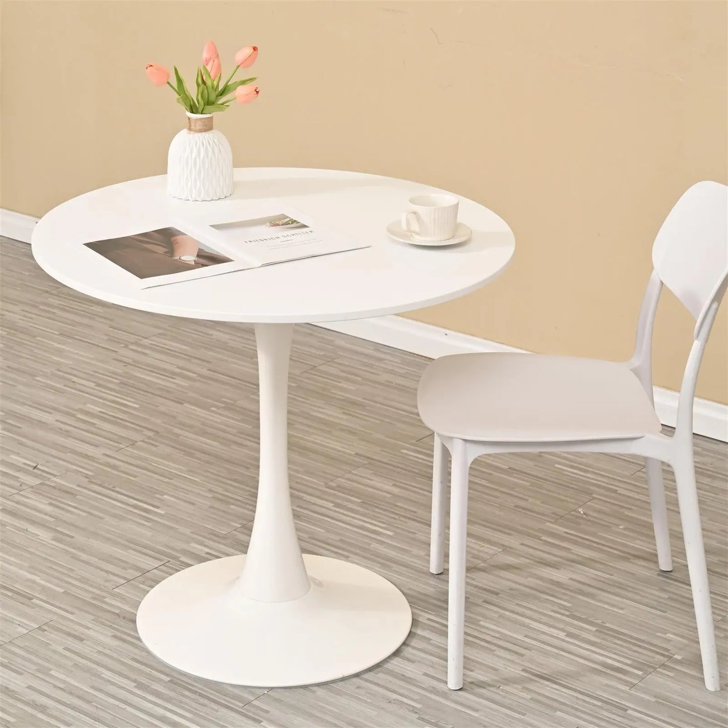 31.5" Round Dining Table, Mid-Century White Tulip Table, Metal Base Pedestal Table for 2-4 Person,Easy Assembled Leisure Coffee Table qbmgp8-fy