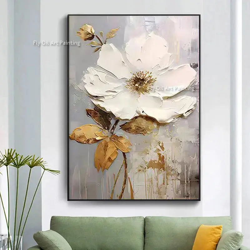 Special Abstract White Flower Knife Thick Oil Painting On Canvas Handmade Gold Foil Luxury Flower Floral Wall Art Room Decor LAVIVA