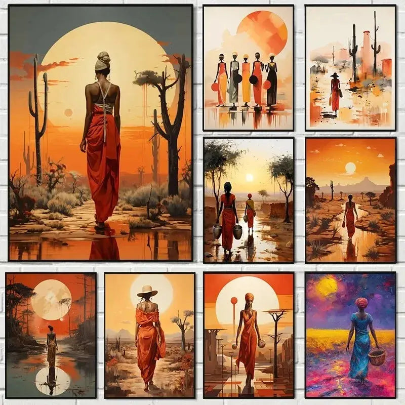 African Women with Sun Canvas Painting Wall Art Poster Prints Elegant Female Picture for Living Room Bedroom Cafe Decoration LAVIVA