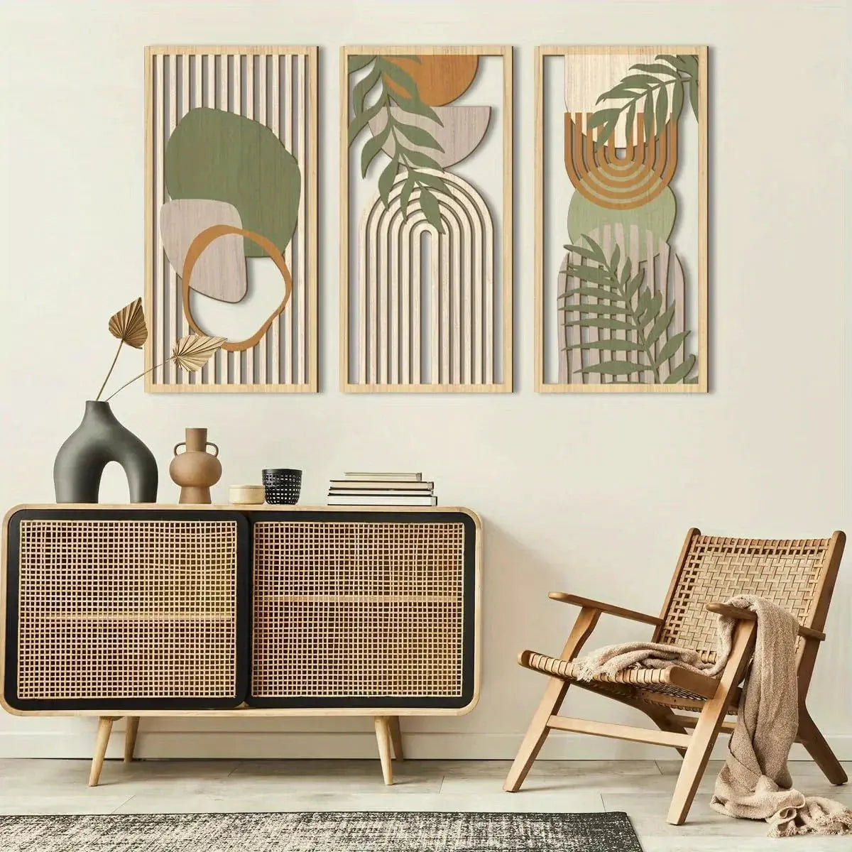 3PCS Sage Green Abstract Wooden Wall Art, Geometric Wood Wall Sculptures, Modern Artwork Neutral Wall Decor LAVIVA