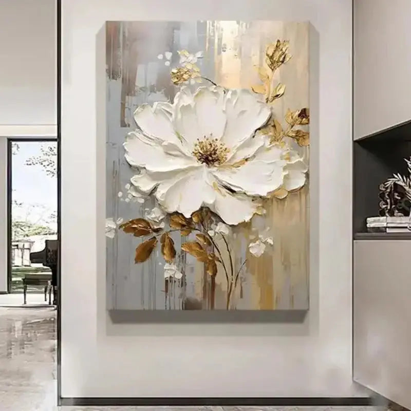 Special Abstract White Flower Knife Thick Oil Painting On Canvas Handmade Gold Foil Luxury Flower Floral Wall Art Room Decor LAVIVA