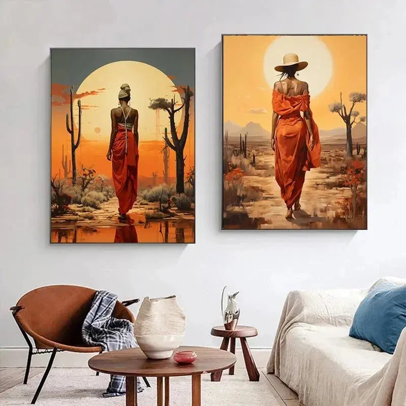 African Women with Sun Canvas Painting Wall Art Poster Prints Elegant Female Picture for Living Room Bedroom Cafe Decoration LAVIVA