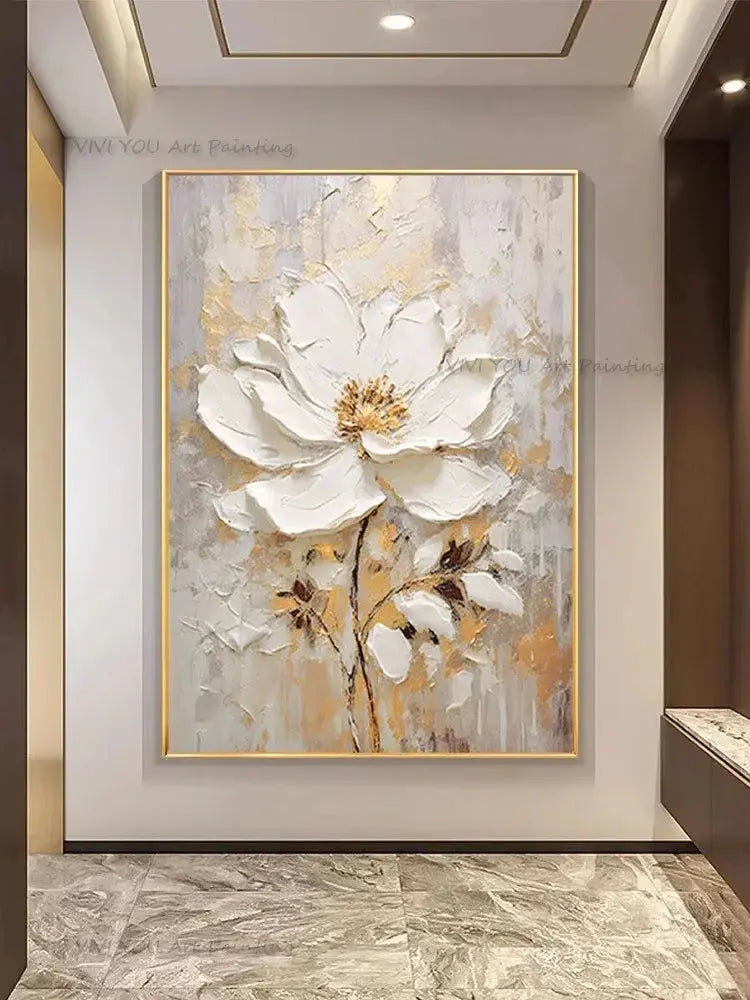 Special Abstract White Flower Knife Thick Oil Painting On Canvas Handmade Gold Foil Luxury Flower Floral Wall Art Room Decor LAVIVA
