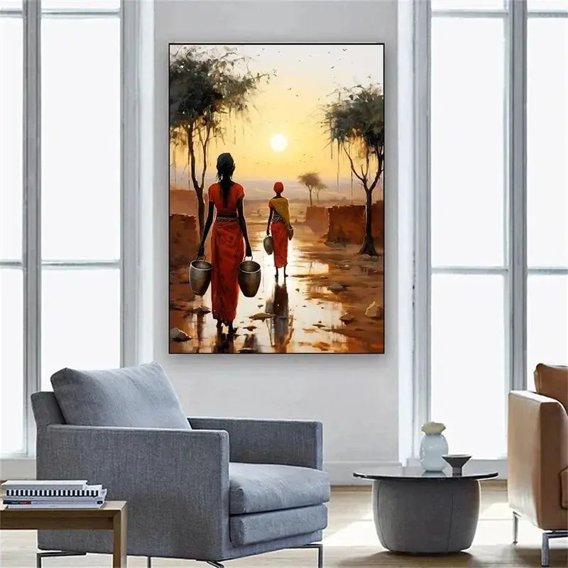 African Women with Sun Canvas Painting Wall Art Poster Prints Elegant Female Picture for Living Room Bedroom Cafe Decoration LAVIVA