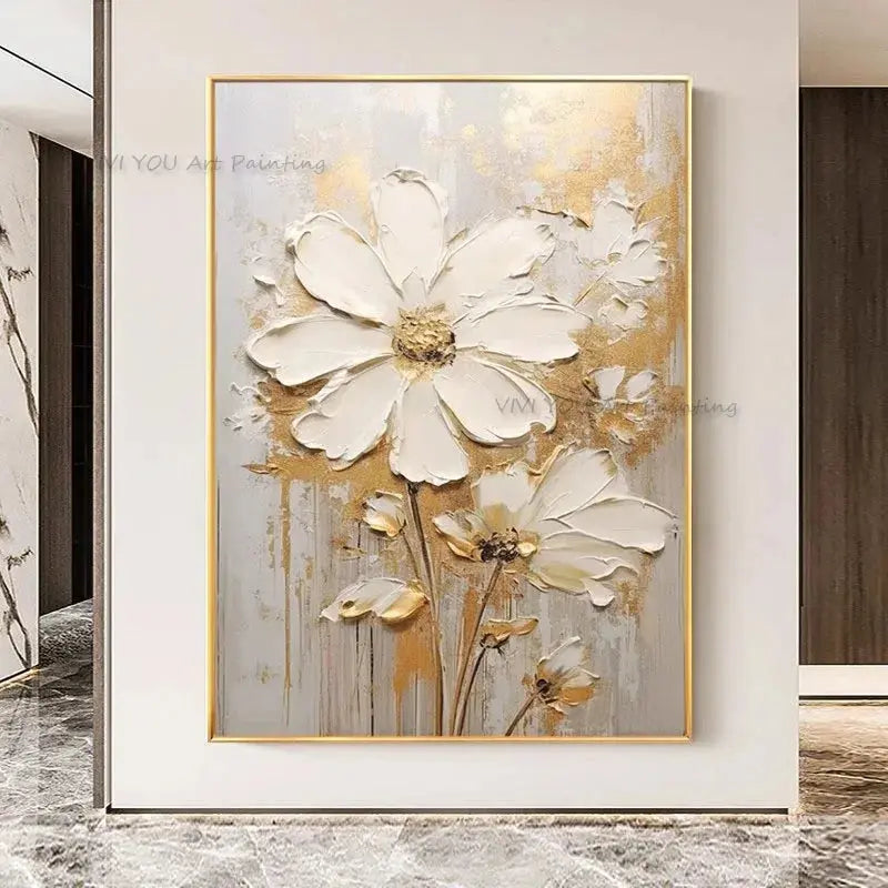 Special Abstract White Flower Knife Thick Oil Painting On Canvas Handmade Gold Foil Luxury Flower Floral Wall Art Room Decor LAVIVA
