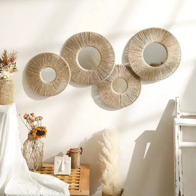 Round Decorative Wall Mirrors Farmhouse Circle Mirror with Hemp Rope Boho Mirrors for Bedroom, Bathroom, Living Room Decor Gift LAVIVA