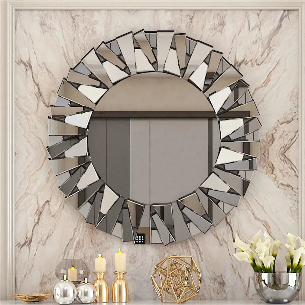 Unique Sunburst Decorative Wall Mirror Round 800MM Silver Beveled Glass Accent Mirrors Bathroom LAVIVA