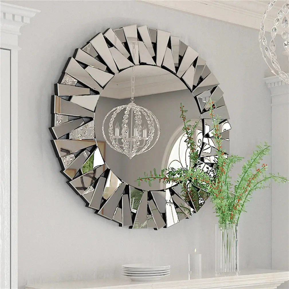 Unique Sunburst Decorative Wall Mirror Round 800MM Silver Beveled Glass Accent Mirrors Bathroom LAVIVA