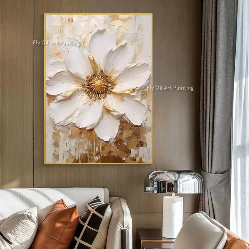 Special Abstract White Flower Knife Thick Oil Painting On Canvas Handmade Gold Foil Luxury Flower Floral Wall Art Room Decor LAVIVA