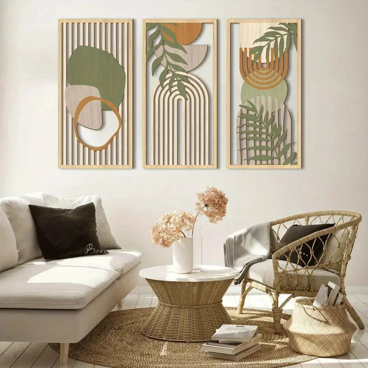 3PCS Sage Green Abstract Wooden Wall Art, Geometric Wood Wall Sculptures, Modern Artwork Neutral Wall Decor LAVIVA