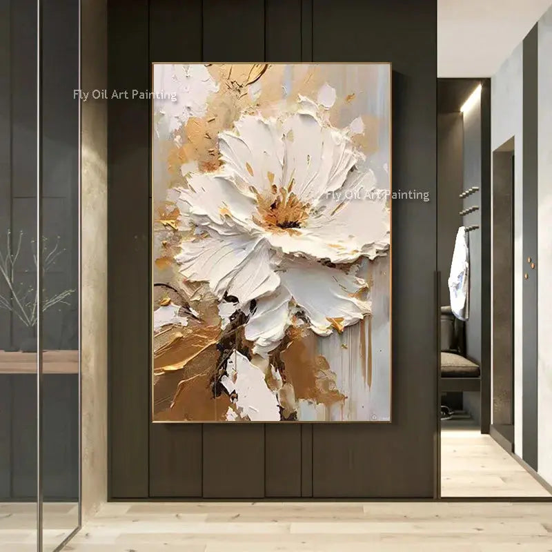 Special Abstract White Flower Knife Thick Oil Painting On Canvas Handmade Gold Foil Luxury Flower Floral Wall Art Room Decor LAVIVA