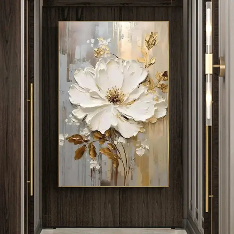 Special Abstract White Flower Knife Thick Oil Painting On Canvas Handmade Gold Foil Luxury Flower Floral Wall Art Room Decor LAVIVA