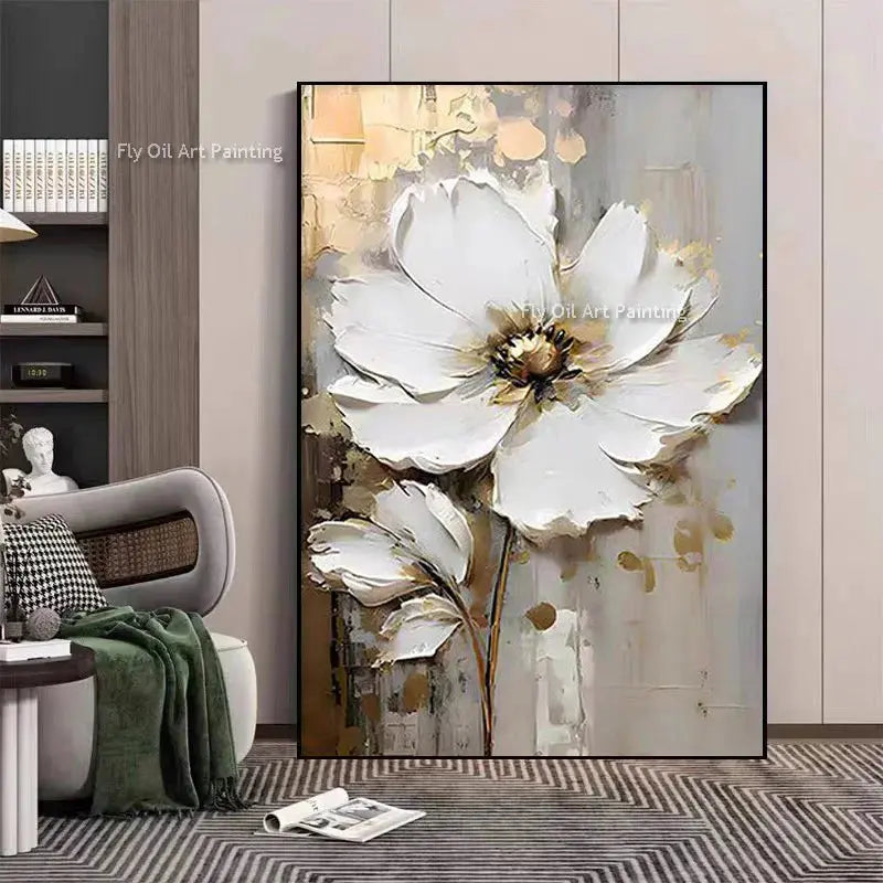 Special Abstract White Flower Knife Thick Oil Painting On Canvas Handmade Gold Foil Luxury Flower Floral Wall Art Room Decor LAVIVA