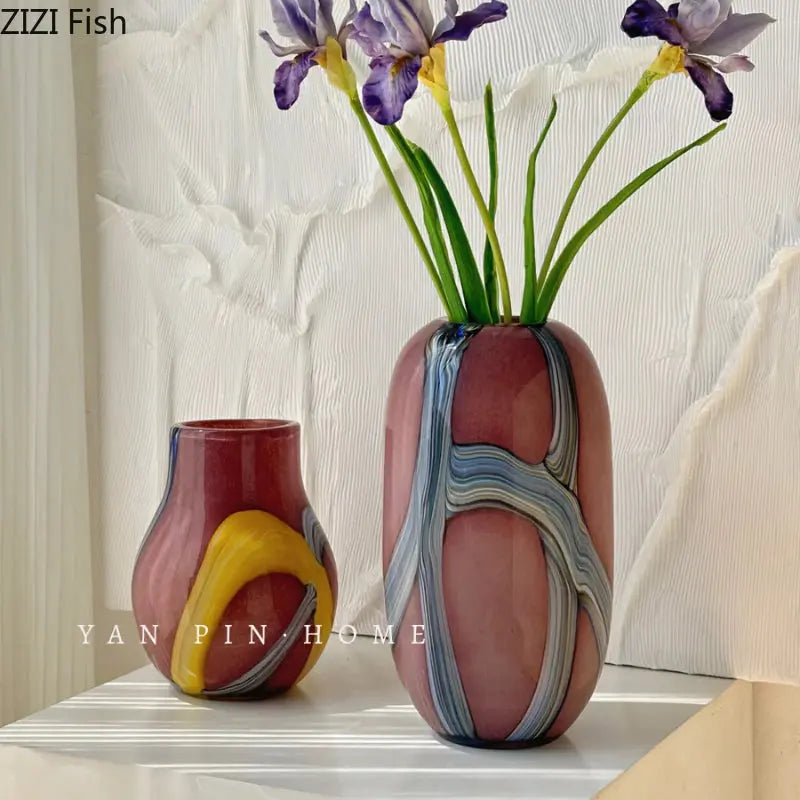 Colorful Striped Glass Vase Desktop Flower Arrangement Ornament Artistic Flowers Vessels Hydroponic Vase Dried Flower Vases LAVIVA