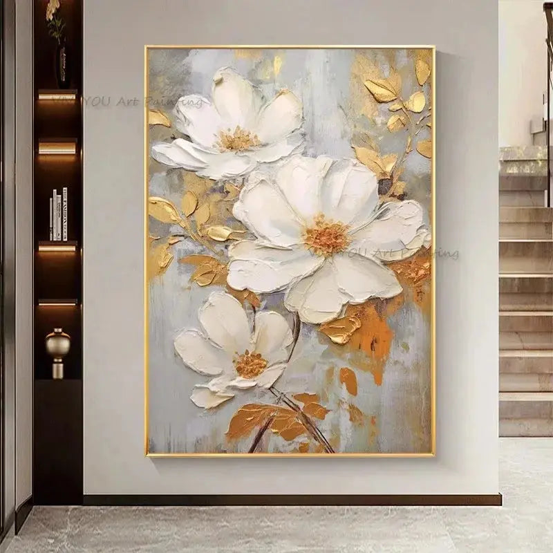 Special Abstract White Flower Knife Thick Oil Painting On Canvas Handmade Gold Foil Luxury Flower Floral Wall Art Room Decor LAVIVA