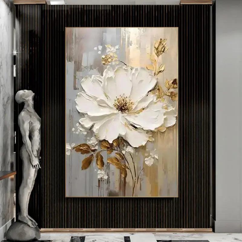 Special Abstract White Flower Knife Thick Oil Painting On Canvas Handmade Gold Foil Luxury Flower Floral Wall Art Room Decor LAVIVA