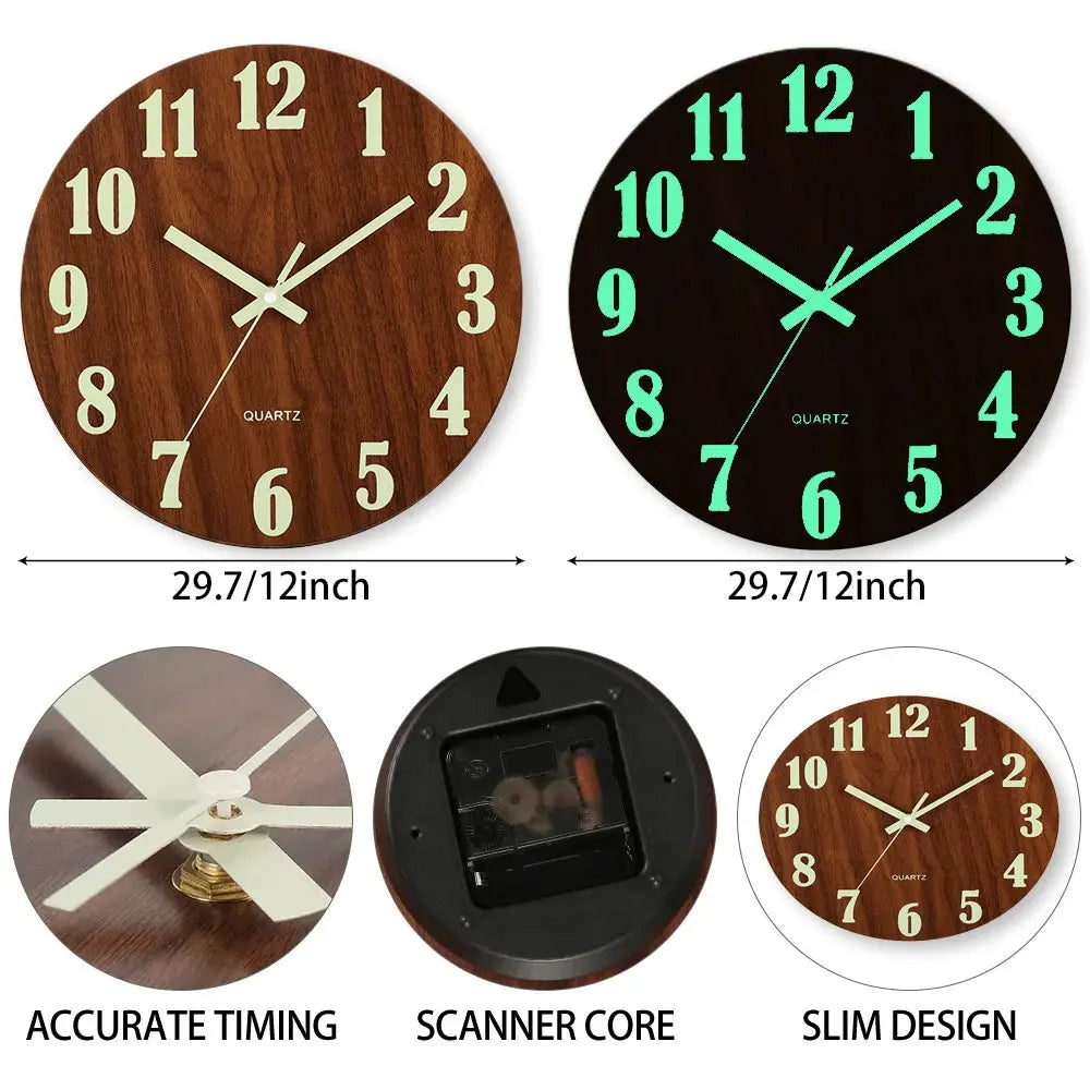 12 Inch Luminous Wall Clock Wood Silent light in dark night Nordic Fashion Wall Clock Non Ticking Clock With Night Light LAVIVA