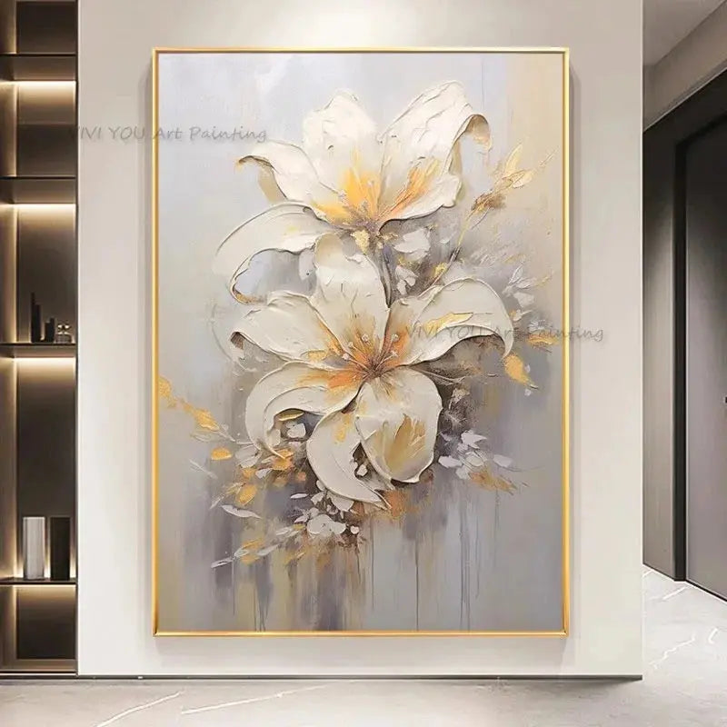 Special Abstract White Flower Knife Thick Oil Painting On Canvas Handmade Gold Foil Luxury Flower Floral Wall Art Room Decor LAVIVA