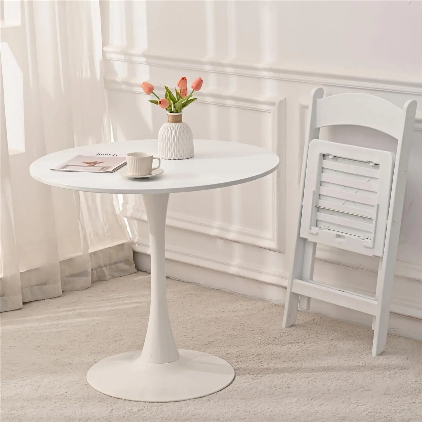 31.5" Round Dining Table, Mid-Century White Tulip Table, Metal Base Pedestal Table for 2-4 Person,Easy Assembled Leisure Coffee Table qbmgp8-fy