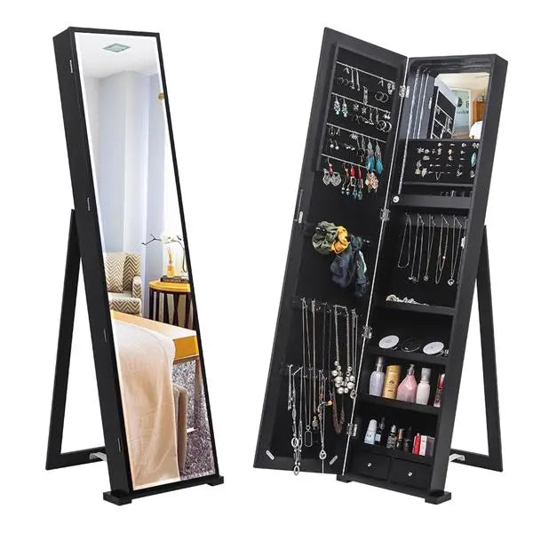 79 Blue Led Jewelry Cabinet, Jewelry Storage Cabinet, Upright Jewelry Cabinet With Long Mirror(Black) qbmgp8-fy