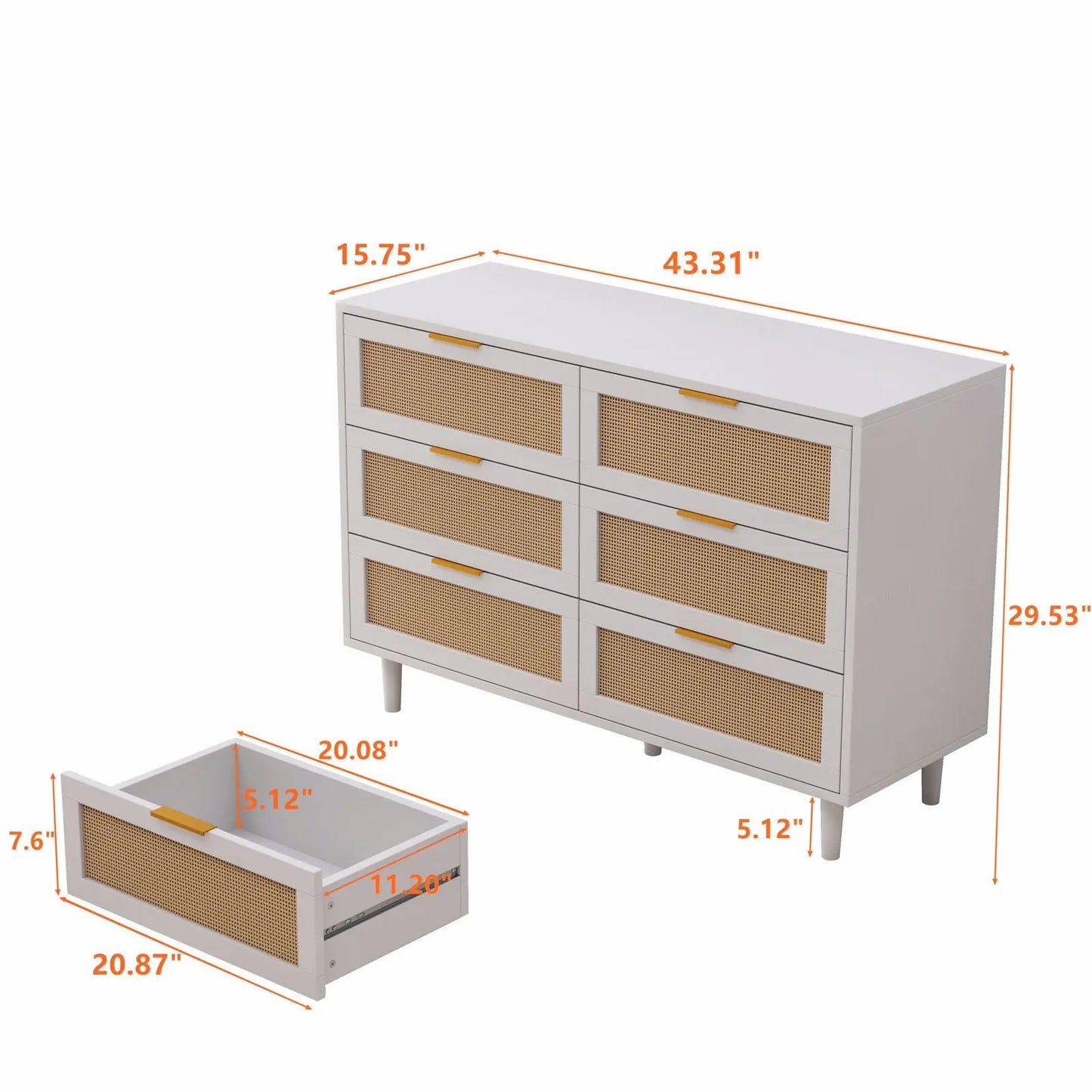 43.31"6-Drawers Rattan Storage Cabinet Rattan Drawer,for Bedroom,Living Room,White qbmgp8-fy