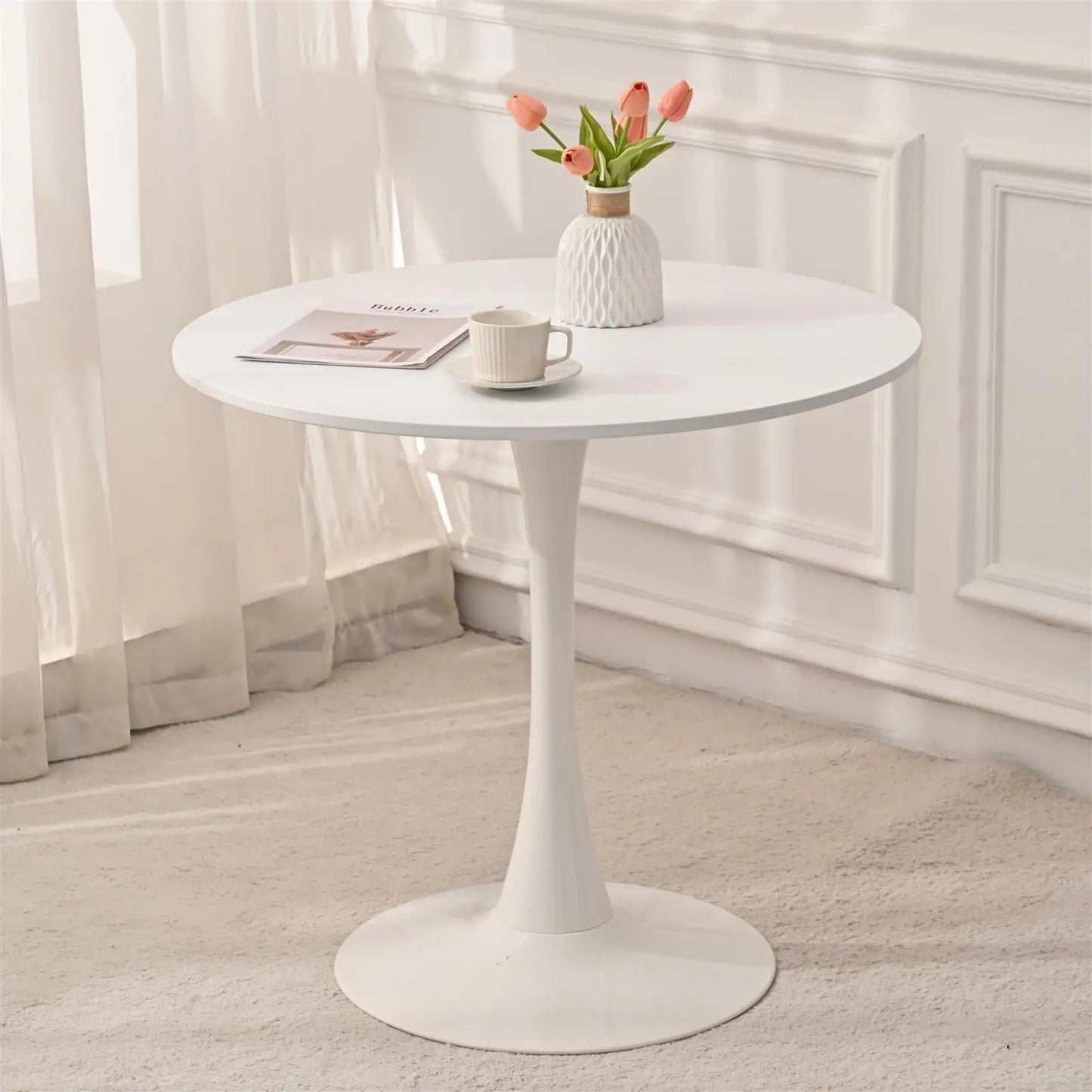 31.5" Round Dining Table, Mid-Century White Tulip Table, Metal Base Pedestal Table for 2-4 Person,Easy Assembled Leisure Coffee Table qbmgp8-fy
