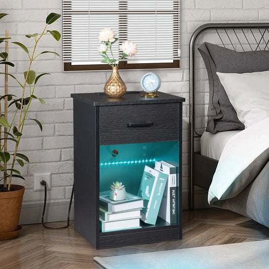 40*35*60cm Particleboard Pasted Triamine Single Drawer With Socket With LED Light Bedside Table Black qbmgp8-fy