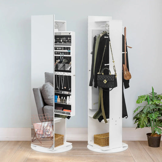 Jewelry Armoire with Full Length Mirror 360° and Large Capacity Jewelry Organizer Armoire, Mirror with Jewelry Storage, Coat Rack，Multi Storage Shelves qbmgp8-fy