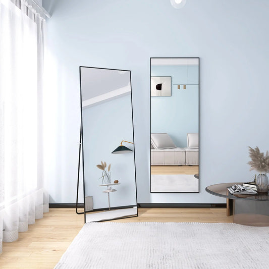 65" x 24" Wall Mounting Full Body Mirror, Full Length Mirror with Stand, Alloy Frame Full-Length Mirror for Living Room, Bedroom, Black qbmgp8-fy