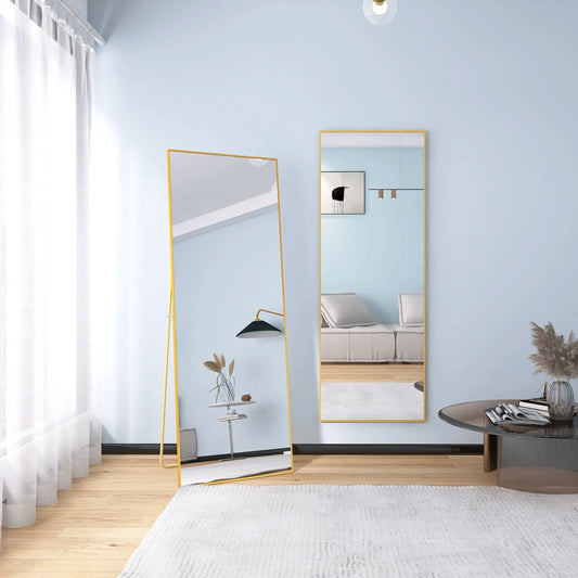 65" x 24" Wall Mounting Full Body Mirror, Full Length Mirror with Stand, Alloy Frame Full-Length Mirror for Living Room, Bedroom, Gold qbmgp8-fy