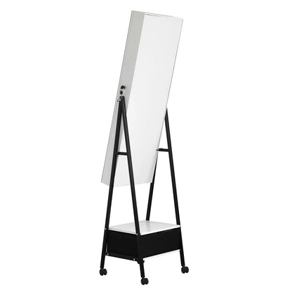 Full mirror wooden floor style, with 1 large drawer, 4 wheels, white light beads, jewelry storage mirror cabinet - white qbmgp8-fy