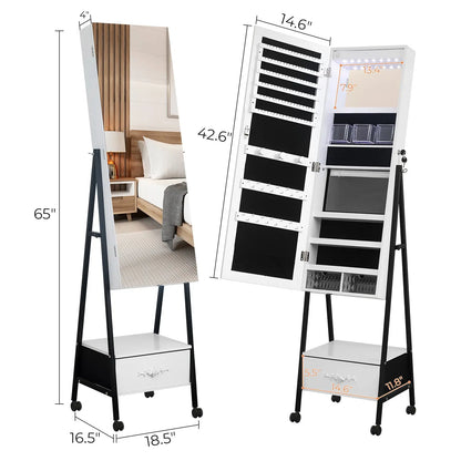 Full mirror wooden floor style, with 1 large drawer, 4 wheels, white light beads, jewelry storage mirror cabinet - white qbmgp8-fy