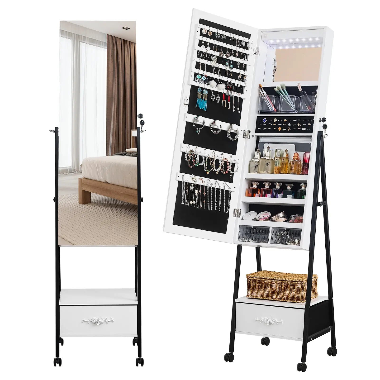 Full mirror wooden floor style, with 1 large drawer, 4 wheels, white light beads, jewelry storage mirror cabinet - white qbmgp8-fy