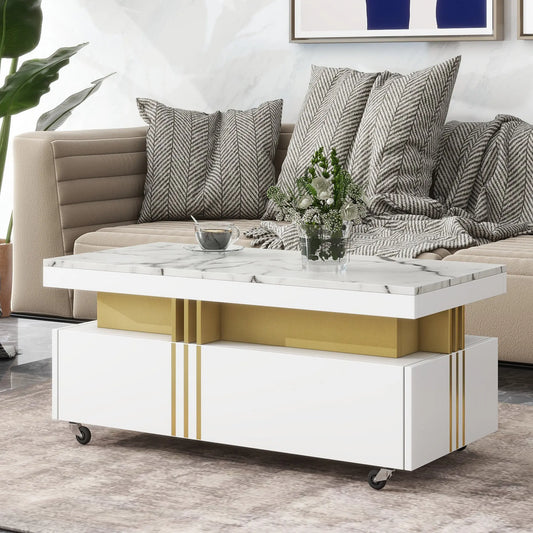 [VIDEO provided] Contemporary Coffee Table with Faux Marble Top, Rectangle Cocktail Table with Caster Wheels, Moderate Luxury Center Table with Gold Metal Bars for Living Room, White qbmgp8-fy
