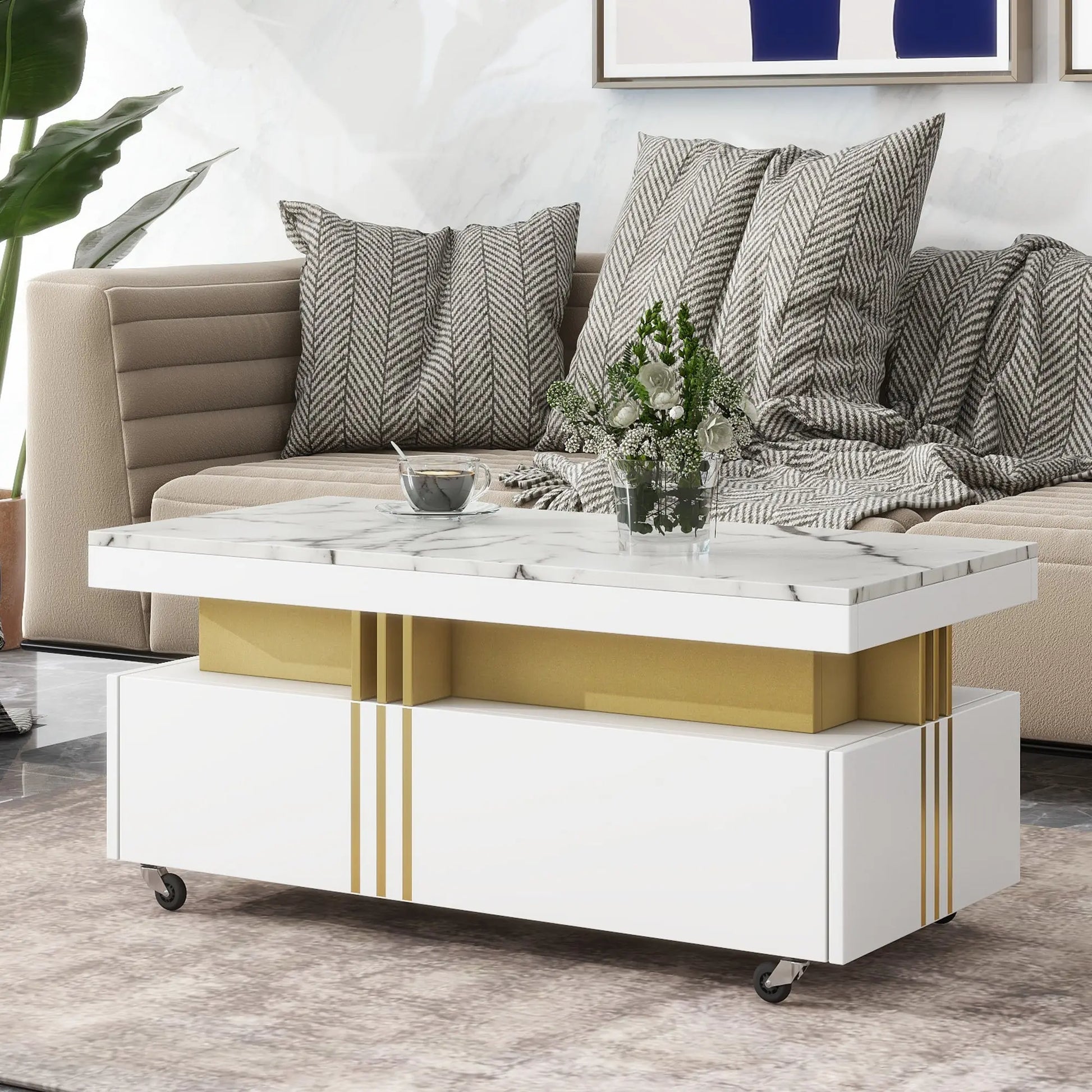 [VIDEO provided] Contemporary Coffee Table with Faux Marble Top, Rectangle Cocktail Table with Caster Wheels, Moderate Luxury Center Table with Gold Metal Bars for Living Room, White qbmgp8-fy