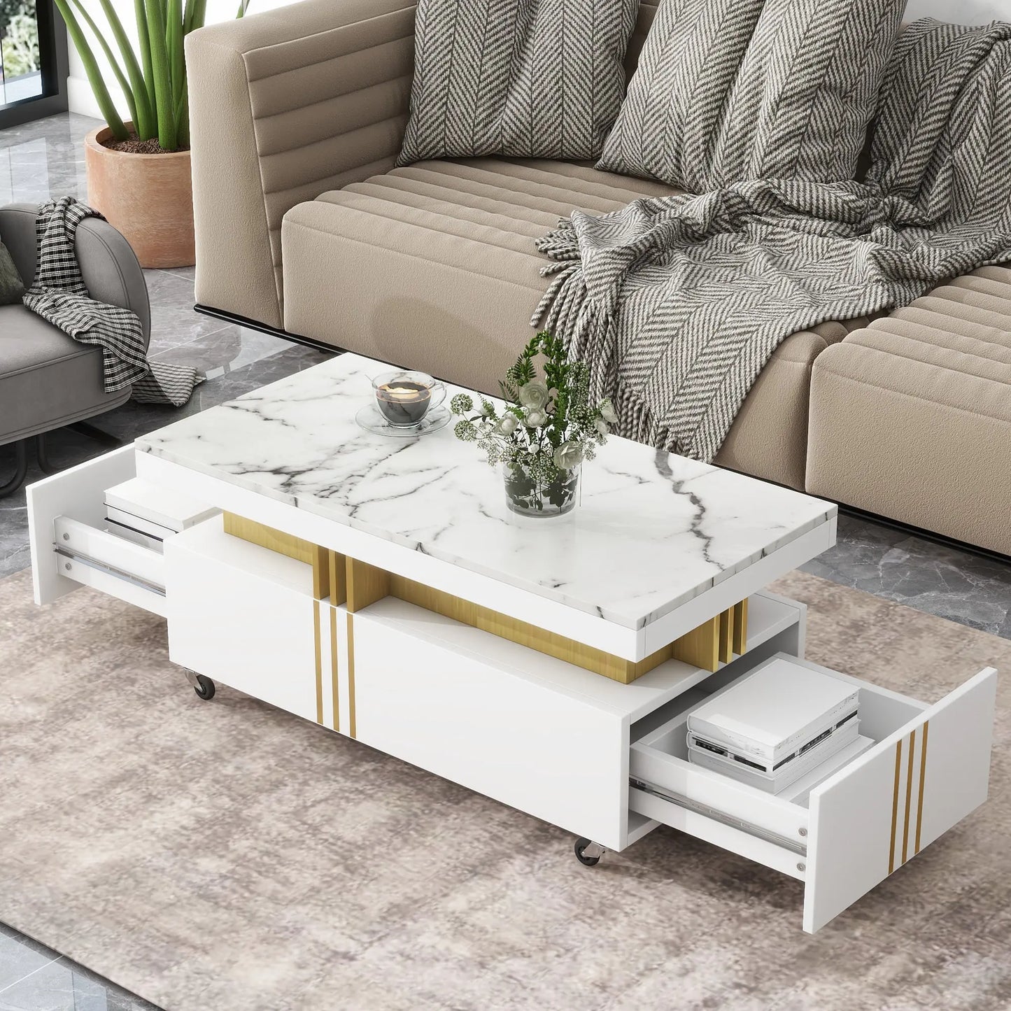 [VIDEO provided] Contemporary Coffee Table with Faux Marble Top, Rectangle Cocktail Table with Caster Wheels, Moderate Luxury Center Table with Gold Metal Bars for Living Room, White qbmgp8-fy