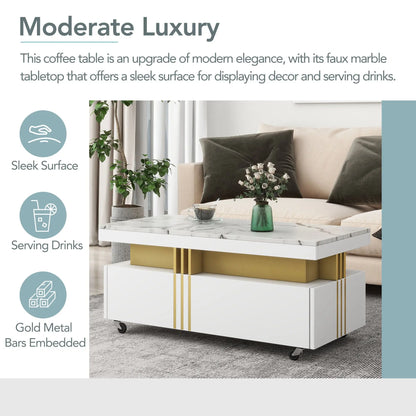 [VIDEO provided] Contemporary Coffee Table with Faux Marble Top, Rectangle Cocktail Table with Caster Wheels, Moderate Luxury Center Table with Gold Metal Bars for Living Room, White qbmgp8-fy