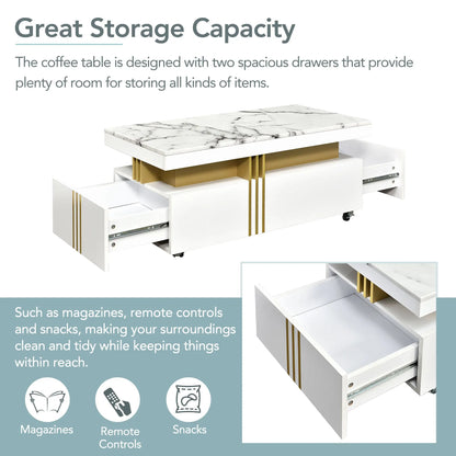 [VIDEO provided] Contemporary Coffee Table with Faux Marble Top, Rectangle Cocktail Table with Caster Wheels, Moderate Luxury Center Table with Gold Metal Bars for Living Room, White qbmgp8-fy