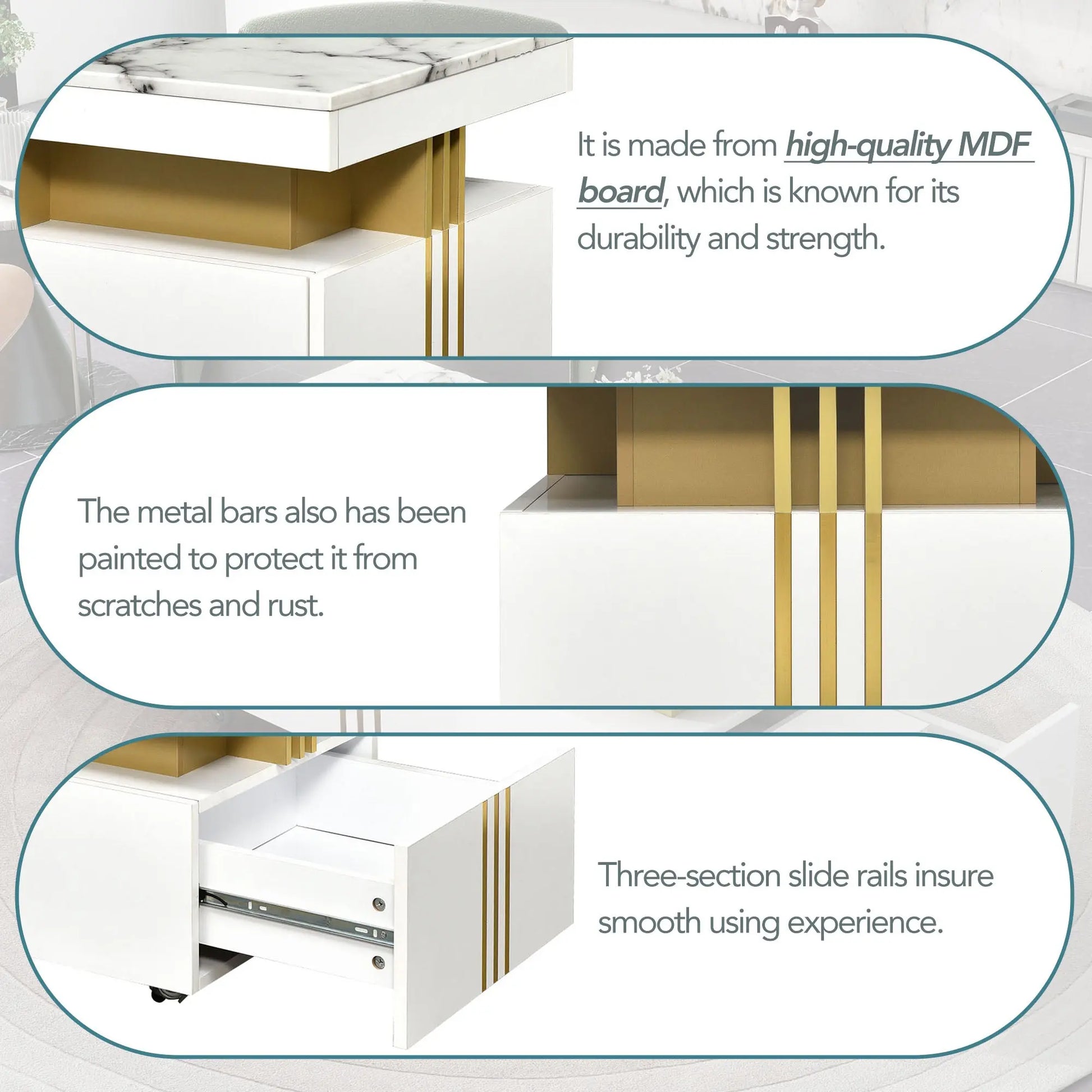 [VIDEO provided] Contemporary Coffee Table with Faux Marble Top, Rectangle Cocktail Table with Caster Wheels, Moderate Luxury Center Table with Gold Metal Bars for Living Room, White qbmgp8-fy