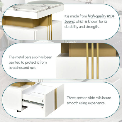 [VIDEO provided] Contemporary Coffee Table with Faux Marble Top, Rectangle Cocktail Table with Caster Wheels, Moderate Luxury Center Table with Gold Metal Bars for Living Room, White qbmgp8-fy