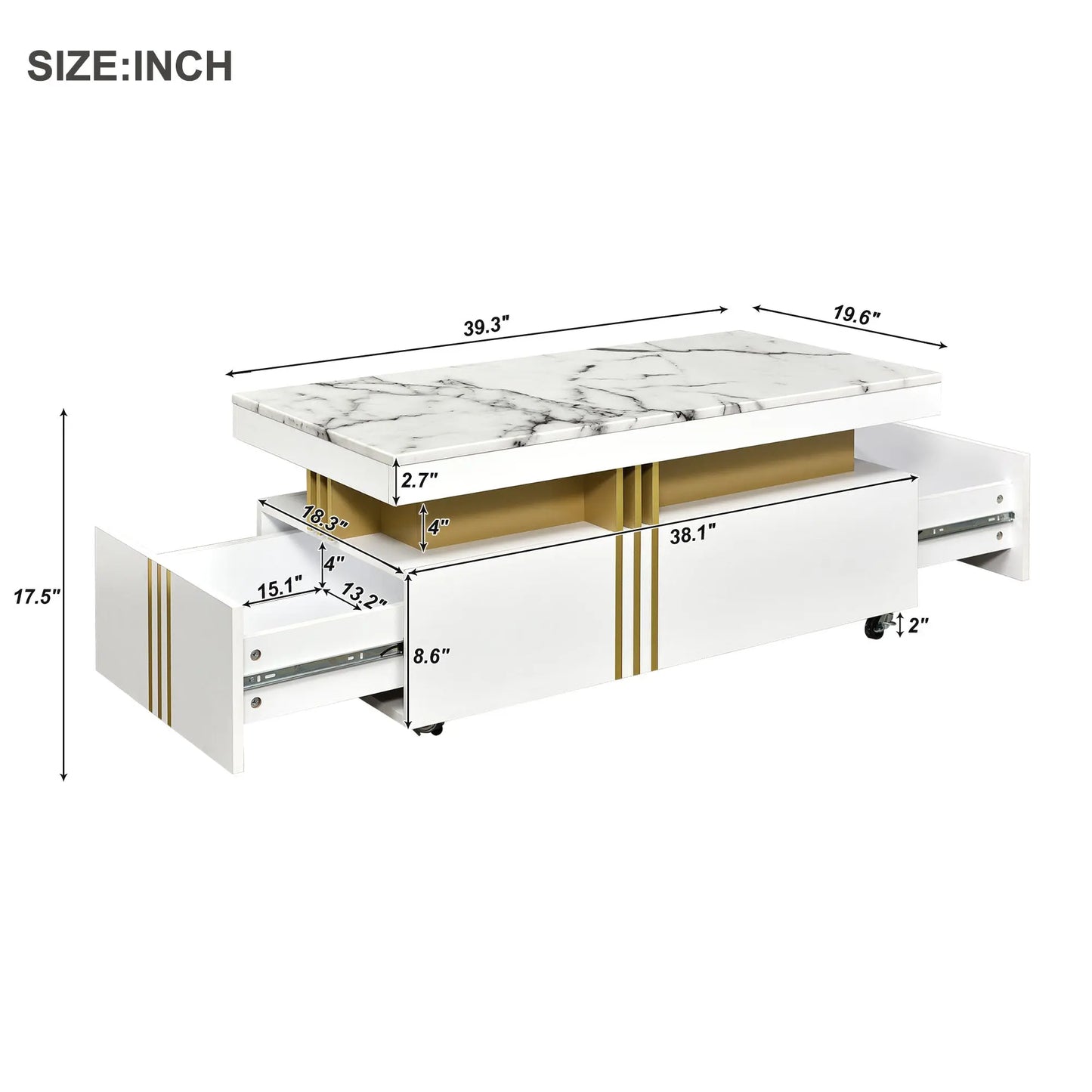 [VIDEO provided] Contemporary Coffee Table with Faux Marble Top, Rectangle Cocktail Table with Caster Wheels, Moderate Luxury Center Table with Gold Metal Bars for Living Room, White qbmgp8-fy